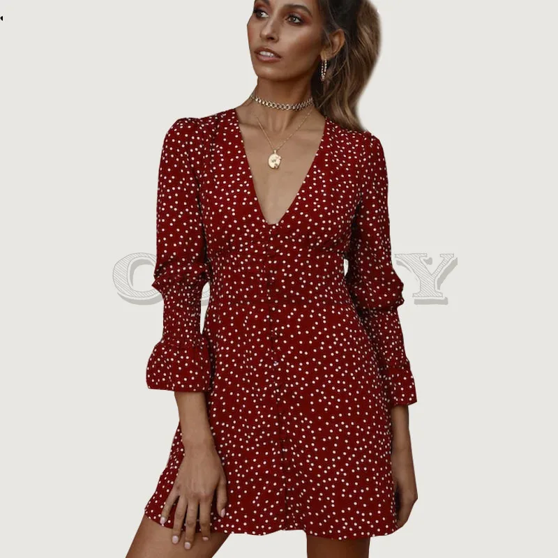 

Cuerly Polka dot print sexy women dress Summer elegant party button daily dress 2019 ladies flare sleeve beach dresses vestidos