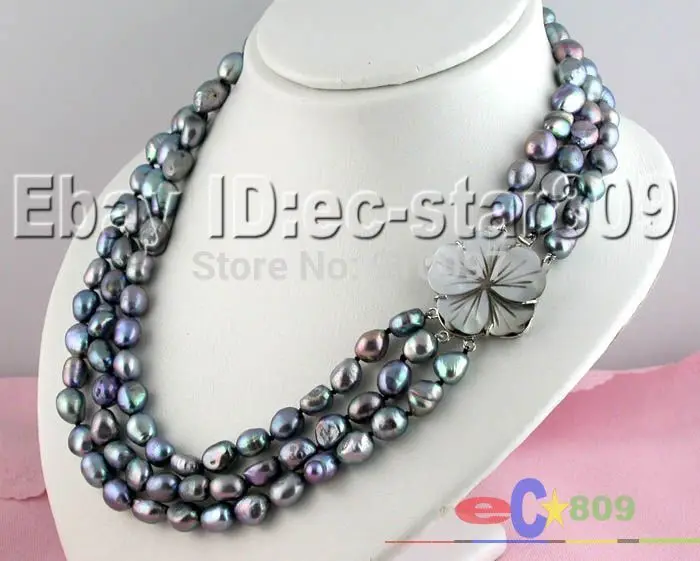 

>>>3ROW 9MM BAROQUE BLACK FRESHWATER PEARL NECKLACE SHELL Clasp