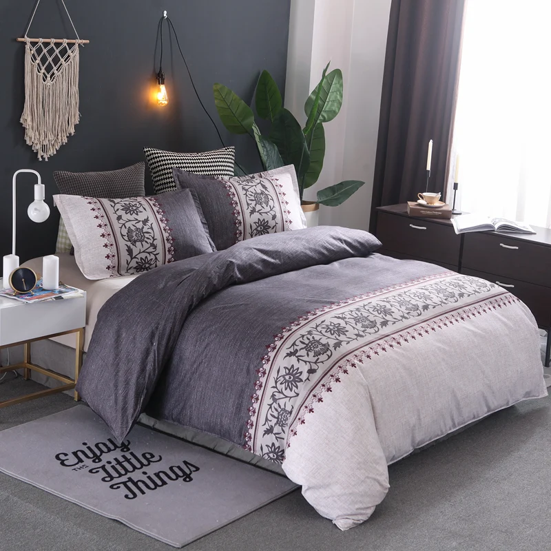 Bedding Set Grey Color Brief Floral Duvet Cover Pillowcase Twin Double Queen size Bed linen Bedclothes