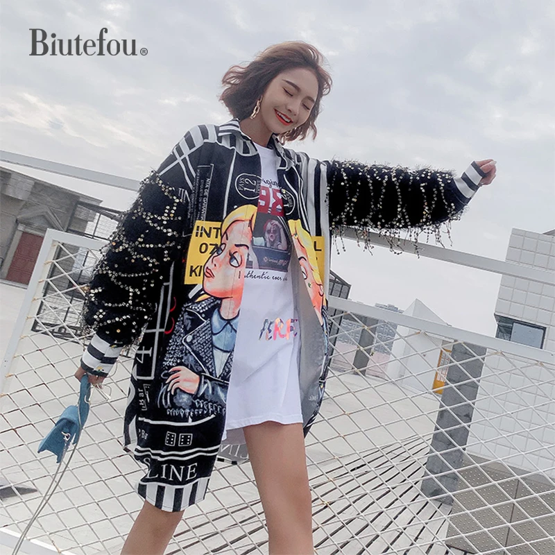 Billig 2019 herbst pailletten shirts frauen mode frauen chic lose lange shirts