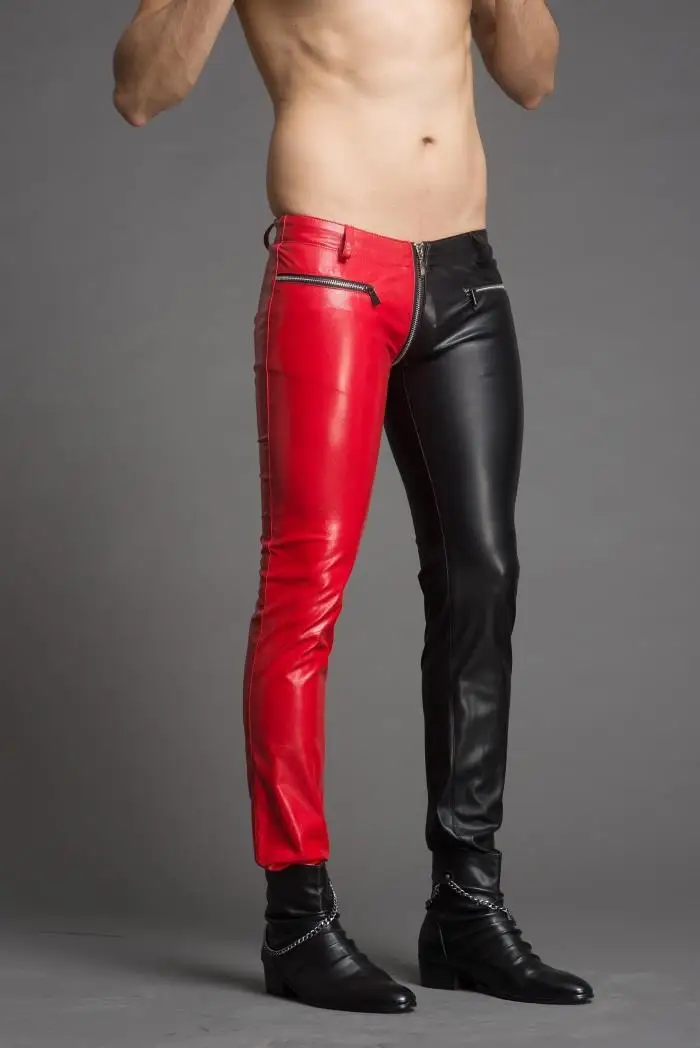 Мужские облегающие брюки, модные, красные и черные, подходящие по цвету, Сексуальные облегающие кожаные брюки на молнии, большие размеры, мужские брюки