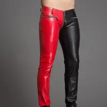 Мужские облегающие брюки, модные, красные и черные, подходящие по цвету, Сексуальные облегающие кожаные брюки на молнии, большие размеры, мужские брюки