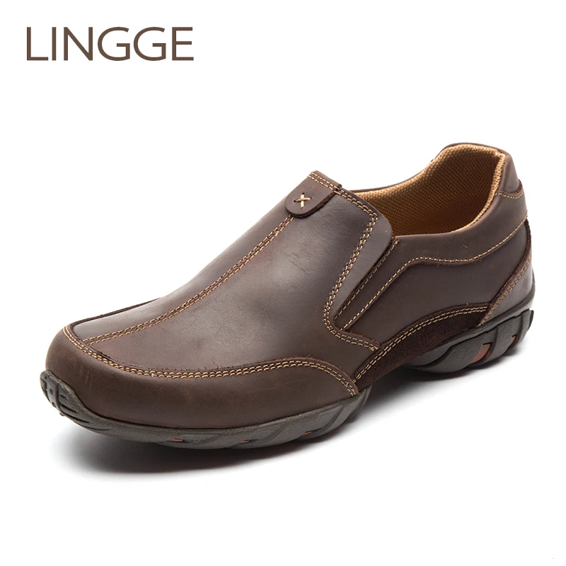 

LINGGE Brand Men's Shoes Rubber Sole Genuine Leather Men Shoes Big Size Non-Slip Shoe Male Cow Leather Slip On Shoe