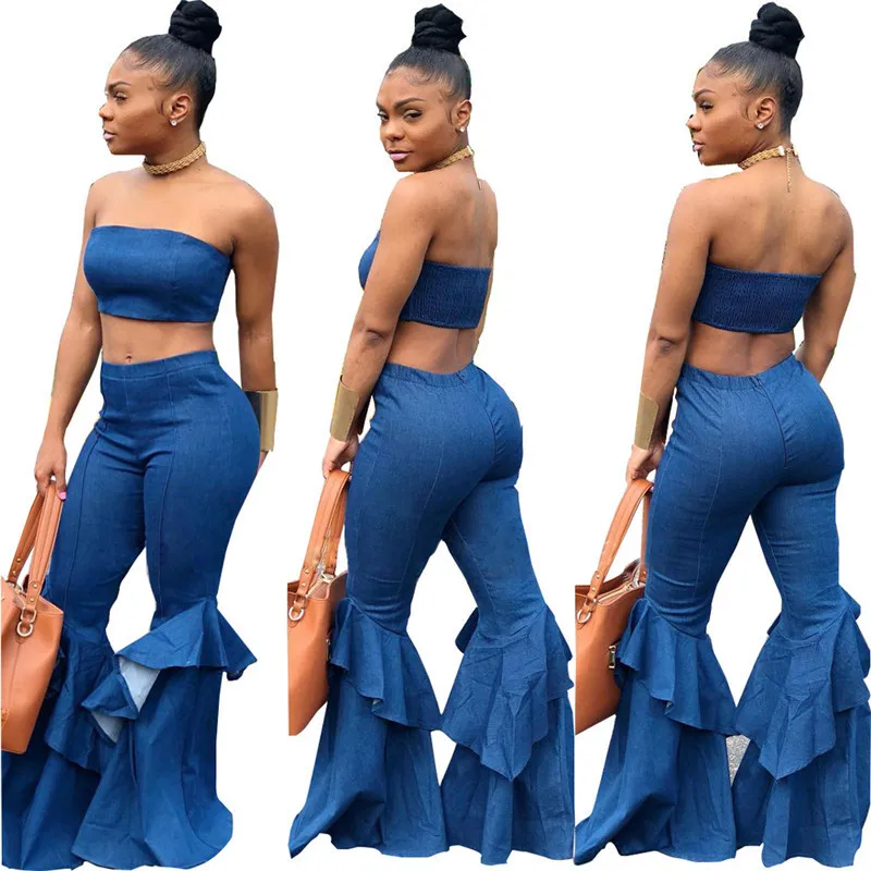 

Denim Two Piece Set Summer Strapless Crop Top And Bell Bottom Jeans Flare Pant Suit Matching Sets Outfits Sexy 2 Piece Set Women