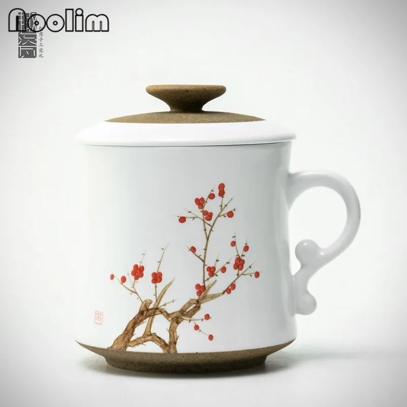 

Chinese Elegant White Porcelain Teacups With Lid And Filter Office Tea Mugs High Quality Hand-painted Tea Mugs