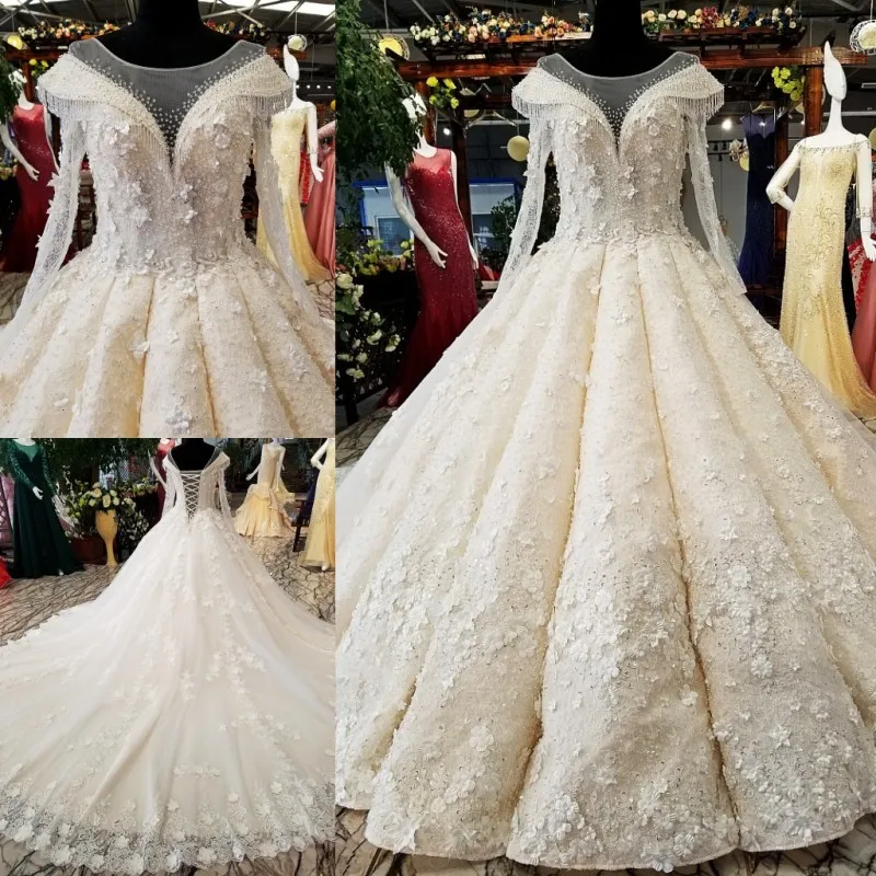 

2018 wedding gowns real as photos Luxury wedding dress full sleeve o-neck ball gown lace up Handwork elegant bridal