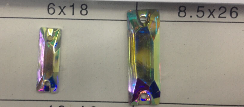 100 шт./лот, 6x18 мм 8.5*26 мм Прямоугольник Crystal AB цвет плоской задней пришить Смола камни