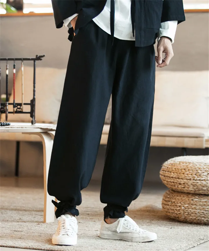 Мужские повседневные брюки больших размеров, брендовые хлопковые льняные брюки с эластичной резинкой на талии, широкие штаны для бега, штаны больших размеров M-6XL 7XL - Цвет: Черный
