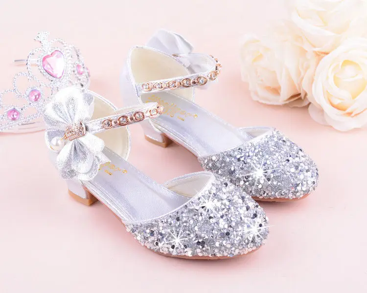 Girls sandals high heels spring and summer rhinestones bow princess Performance /wedding crystal single shoes shiny silver