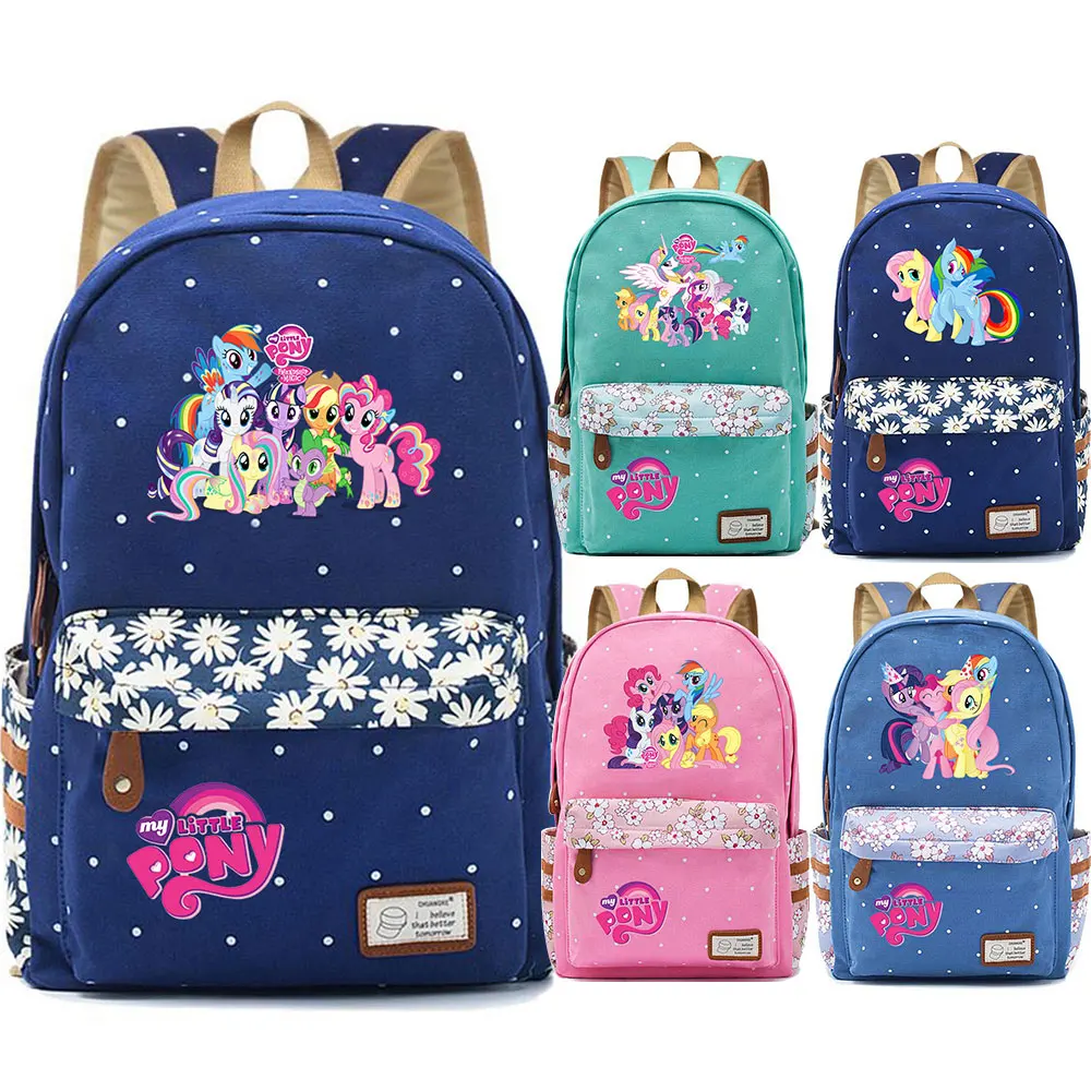 Kawaii My Little Pony Rainbow Dash Pinkie Pie с цветами в горошек, школьная сумка для мальчиков и девочек, женский рюкзак, Подростковый холщовый женский рюкзак