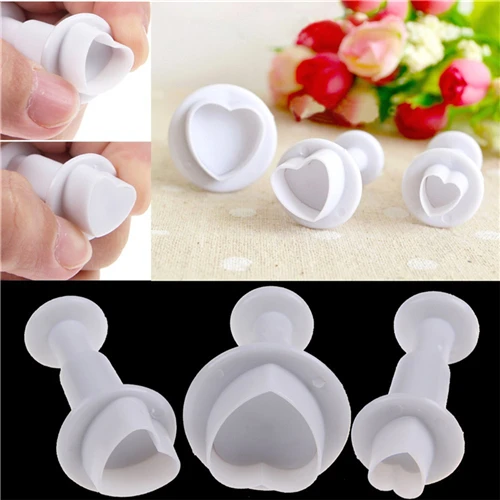 3pcs Love Heart Shape Cookie Plunger Cutter Fondant Gum Paste Cupcake Toppers Mold Biscuit Christmas Cake Decorating Tool