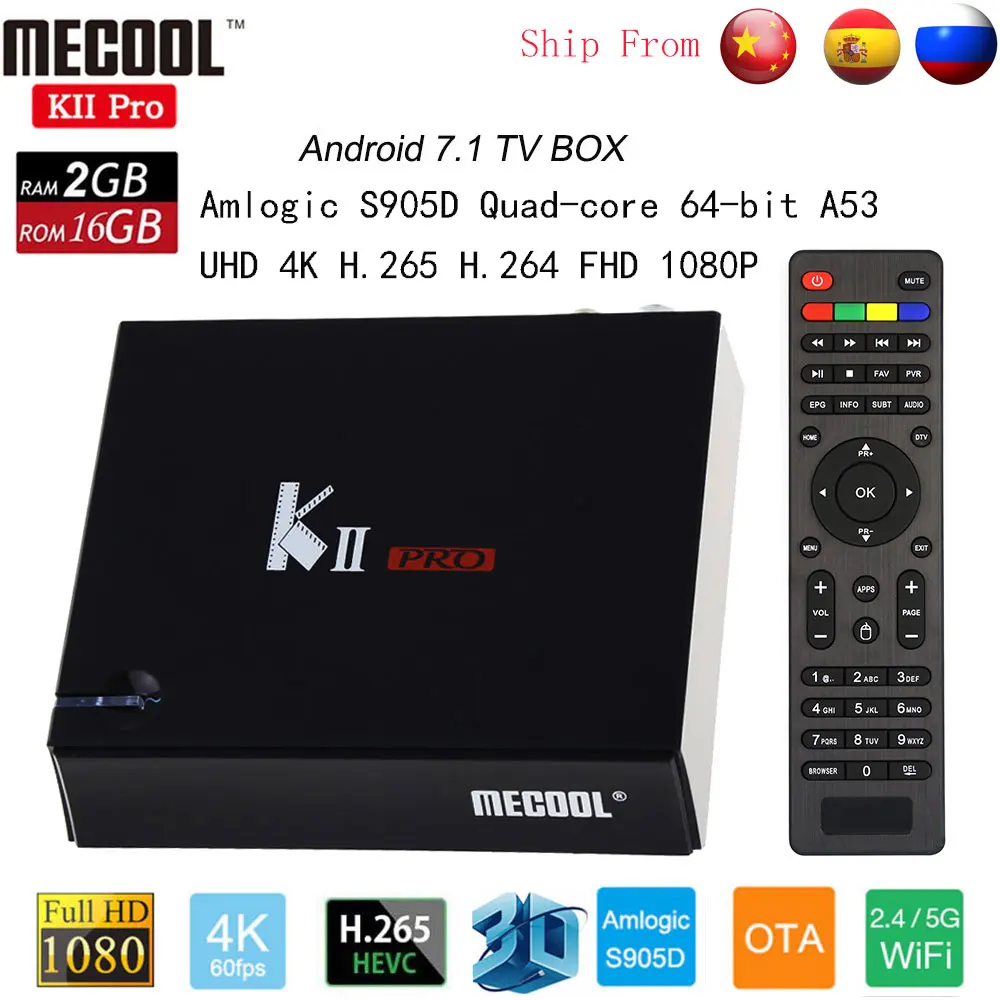 

MECOOL KII PRO TV Box DVB-S2 DVB-T2 DVB-C Android 7.1 Amlogic S905D 4K BT4.0 Set Top Box Support 2.4G/5G WIFI CCCAM IPTV