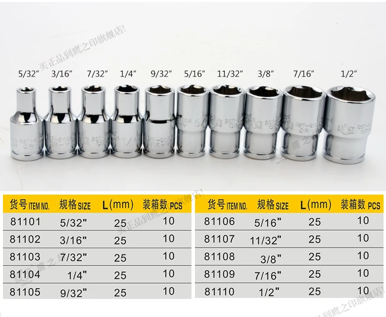 

BESTIR thin tube 1/4" Dr.6PT SAE crv socket L25mm excellent quality taiwan car tool freeship