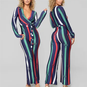 

Trendy Women Romper Long sleeve striped slim Rompers Ladies V-neck Wide Leg Polyester Jumpsuit one pieces