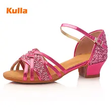 Детская обувь для латинских танцев для девочек; 4 вида цветов блестящая детская танцевальная обувь для танго; цвет розовый, синий; низкий каблук 3,5 см; zapatos de BAILE