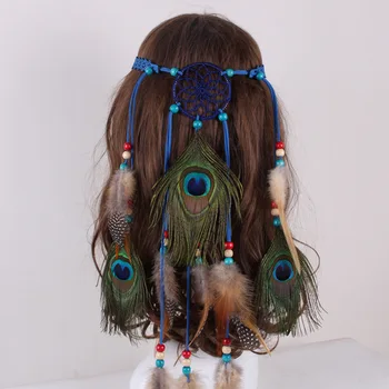 

2019 Indian Feather Headband Bohemia Hair AccessoriesFestival Women Hippie Adjustable Headdress Boho Peacock Feather Hair Band