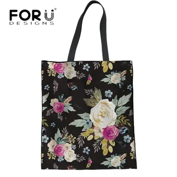 

FORUDESIGNS Vintage Handbags 3D Flower Floral Print Folding Reusable Shopping Bags for Women Large Capacity Linen Tote Bag Bolsa