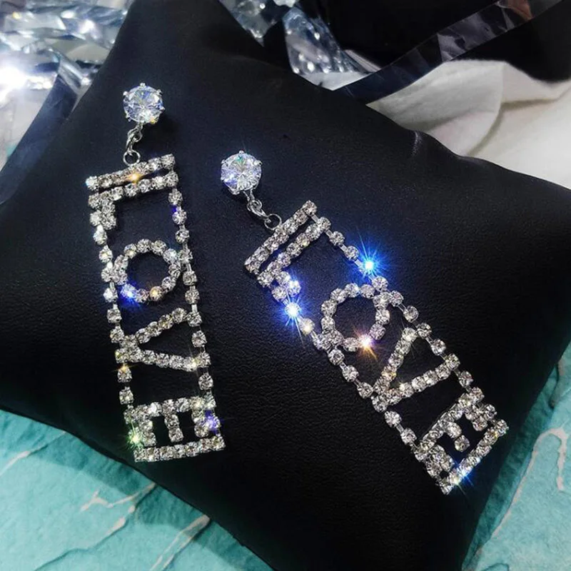 

European and American Fashion Letters Earrings Zircon LOVE Pendant Earrings For Women Personality Long Luxury Jewelry