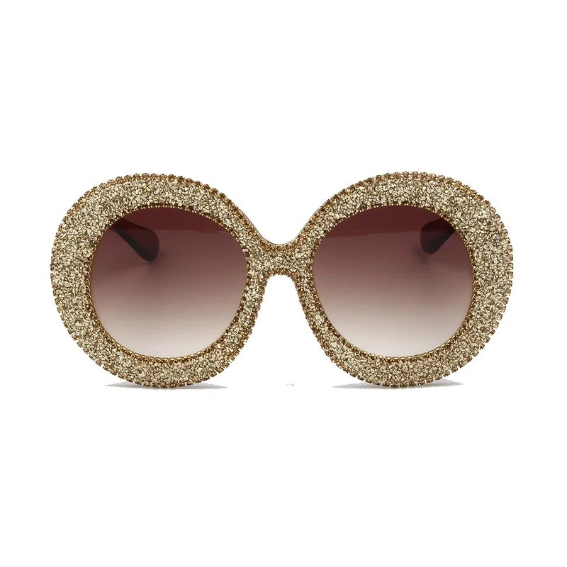 2019 New Luxury Oversized Sunglasses Women Vintage Rhinestones Sun Glasses Round Frame Gradient Mirror Shades for Women Oculos