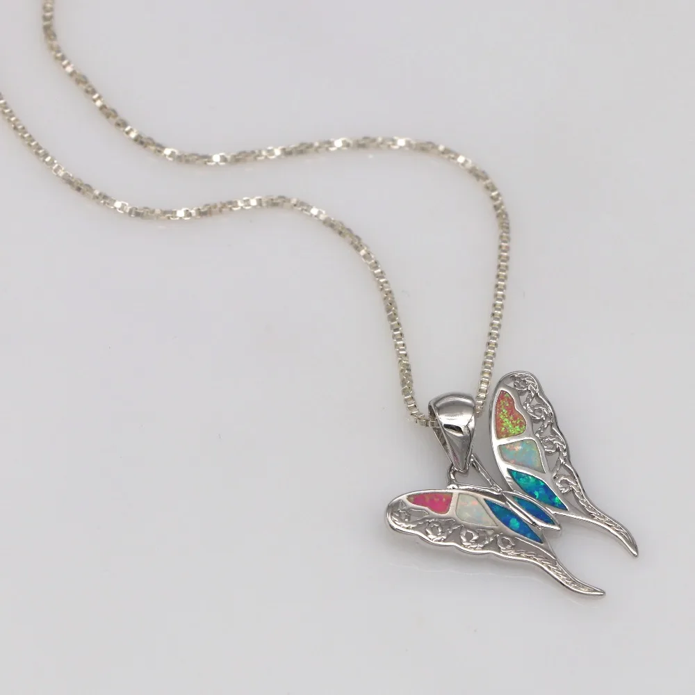 JLP003 New Design Butterfly Multicolor Fire Opal Silver Plated Pendant Necklace Direct Wholesale Women Fashion Jewelry Gif