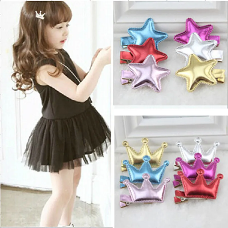 

1PCS Children PU Star/ Crown Baby Girls Hair pins Kids Barrette Lovely Shiny Leather Hair clips Hair Accessories Gifts Headdress