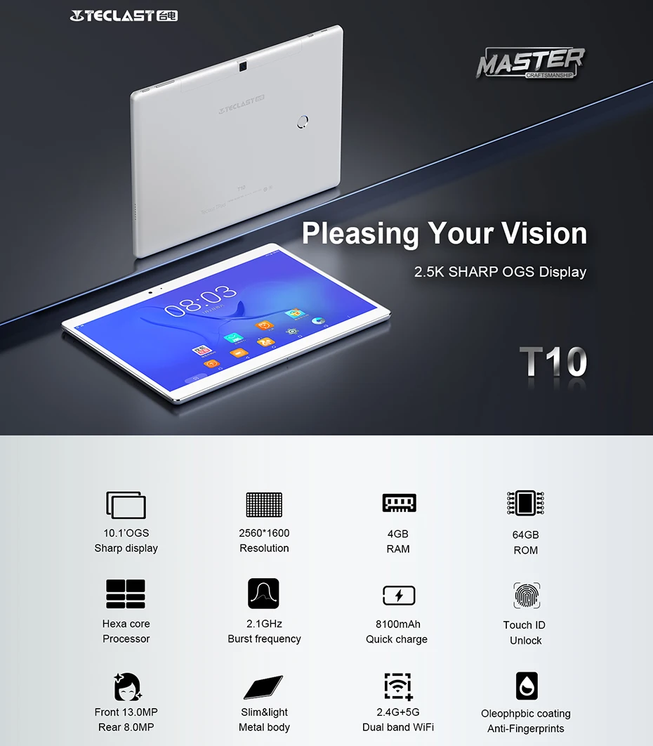 Teclast Master T10 10,1 дюймов планшетный ПК Android 7,0 MTK8176 Hexa Core 1,7 ГГц 4 Гб ОЗУ 64 Гб ПЗУ датчик отпечатков пальцев двойной WiFi OTG