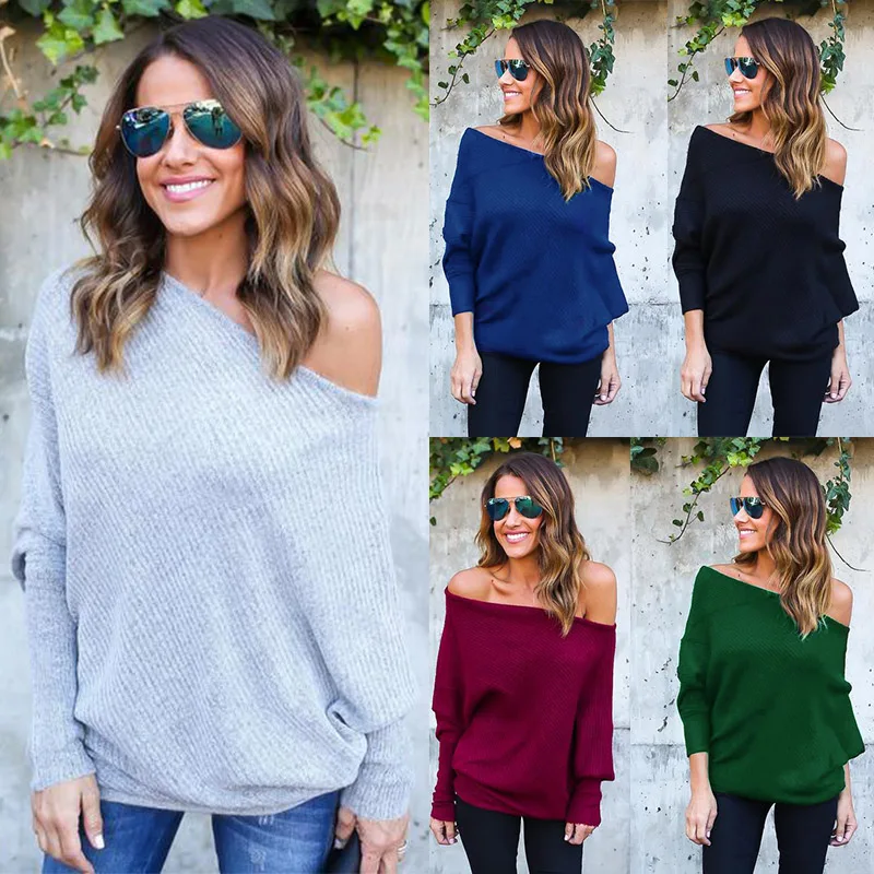 

Solid Women Slash Neck Sweater Autumn Winter Knitted Batwing Sleeve Sweater High Elasticity Soft Female Thin Pullovers Tops