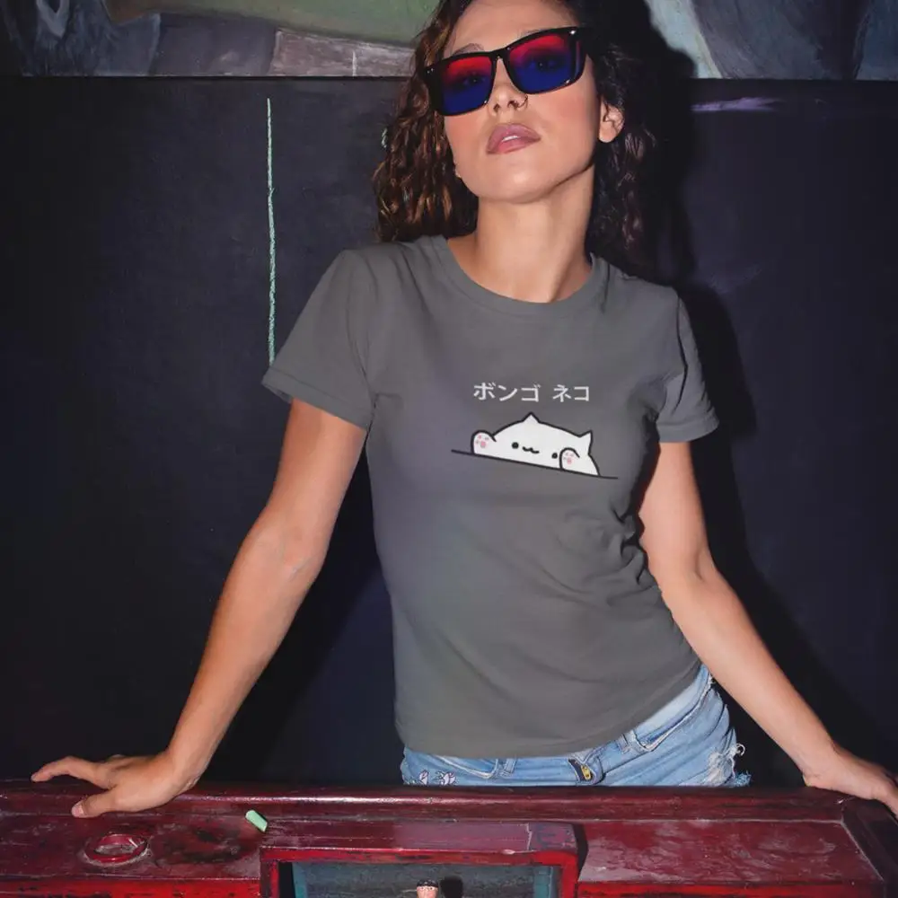 

Piano Cat T-Shirt Bongo Cat Japanese T Shirt Summer Simple Women tshirt Short Sleeve O Neck White Print Ladies Tee Shirt