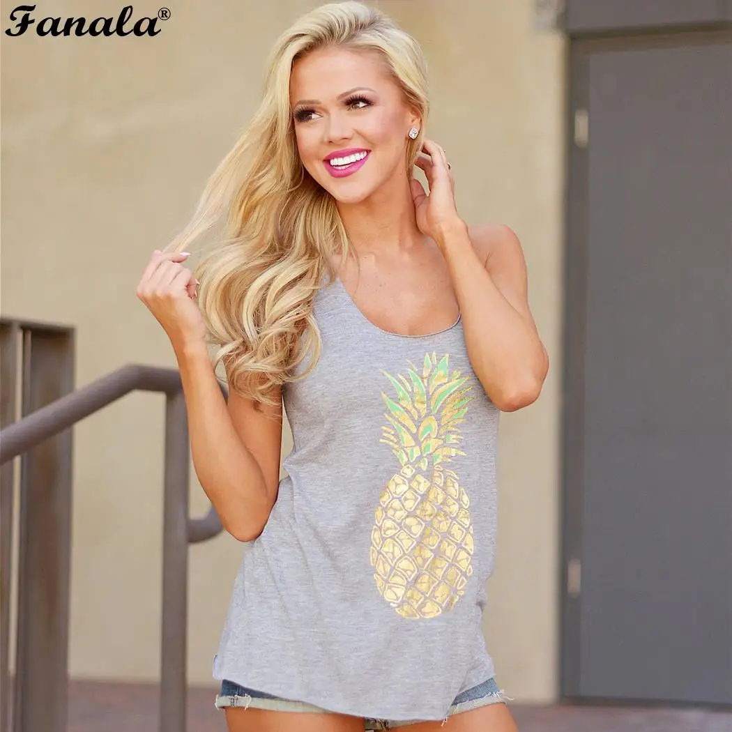 

Tank O-Neck Sleeveless Pineapple Fruit Print Casual Shirts Women Tops