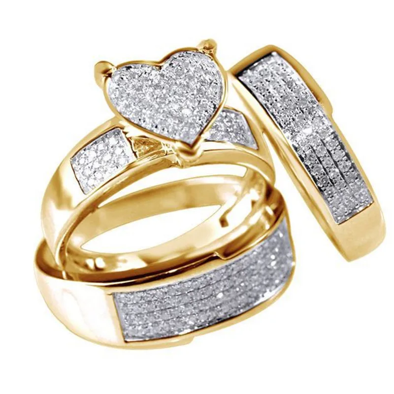 

8Seasons 3Pcs/set Heart Rings Jewelry Genuine White Rhinestone Gold Filled Rings Bride Wedding Engagement Party Jewelry Ring Set
