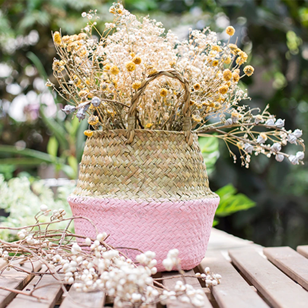 Storage Basket Rattan Straw Basket Wicker Seagrasss Folding Flower Pot Flower Vase Home Storage Basket Pot Planter Organization