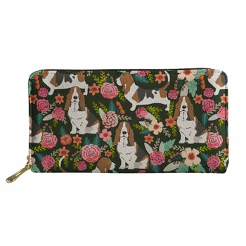 

Noisydesigns PU Wallet Women Basset Hound Print Long Purse Lady Kawaii Puppy Florals Pattern Coin Pocket for Females Money Bag