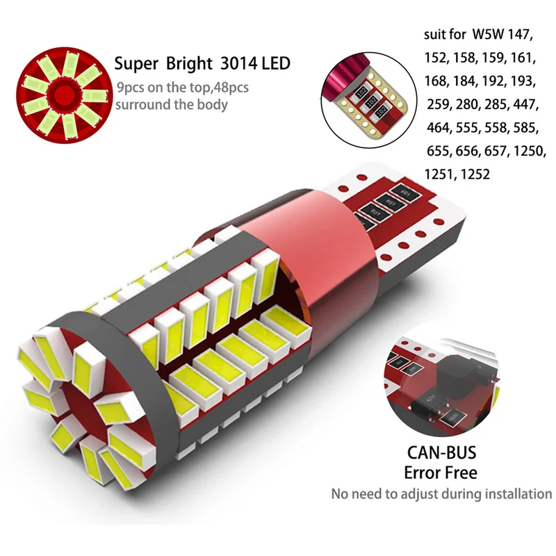 

T10 Width Lamp 3014 Type 57smd Decoding Led Light License Plate Light Reading/trunk Light Car Led Headlights Bulb Decor Lamp