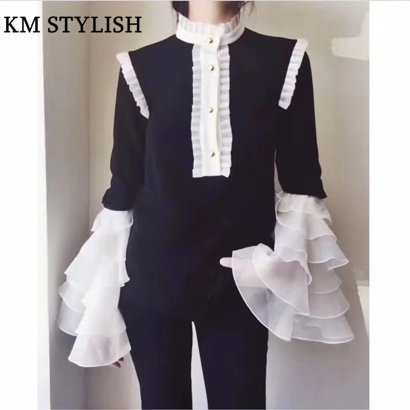 [NEW SALE] Women's Shirt Blouse Temperament Palace Elegant Fairy Hit Color Flounced Collar Trumpet Sleeve | Женская одежда