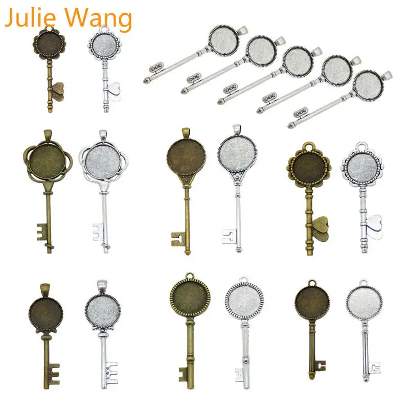 

Julie Wang 1 Pack Antique Color Key Shape Round Cabochon Setting Base Tray Bezels Blank Charms For Photo Pendant Jewelry Making