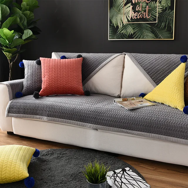 Winter Velvet L Shape Sofa Towel Thickened Anti slip Corner Sofa Covers Dark Green Quilted Sofa