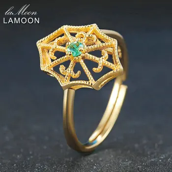 

LAMOON Ring For Women Green Crystal Spider Web Round Cut Emerald 925 Sterling Silver Adjustable Ring Fine Jewelry LMRI050