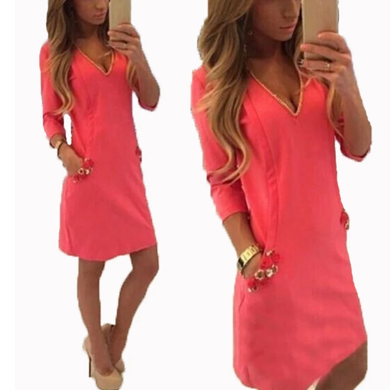 

Plus Size Summer Dress Women Sexy V-Neck 3/4 Sleeve Party Dress Casual Solid Bodycon Mini Dresses Diamonds Pockets vestidos 2019