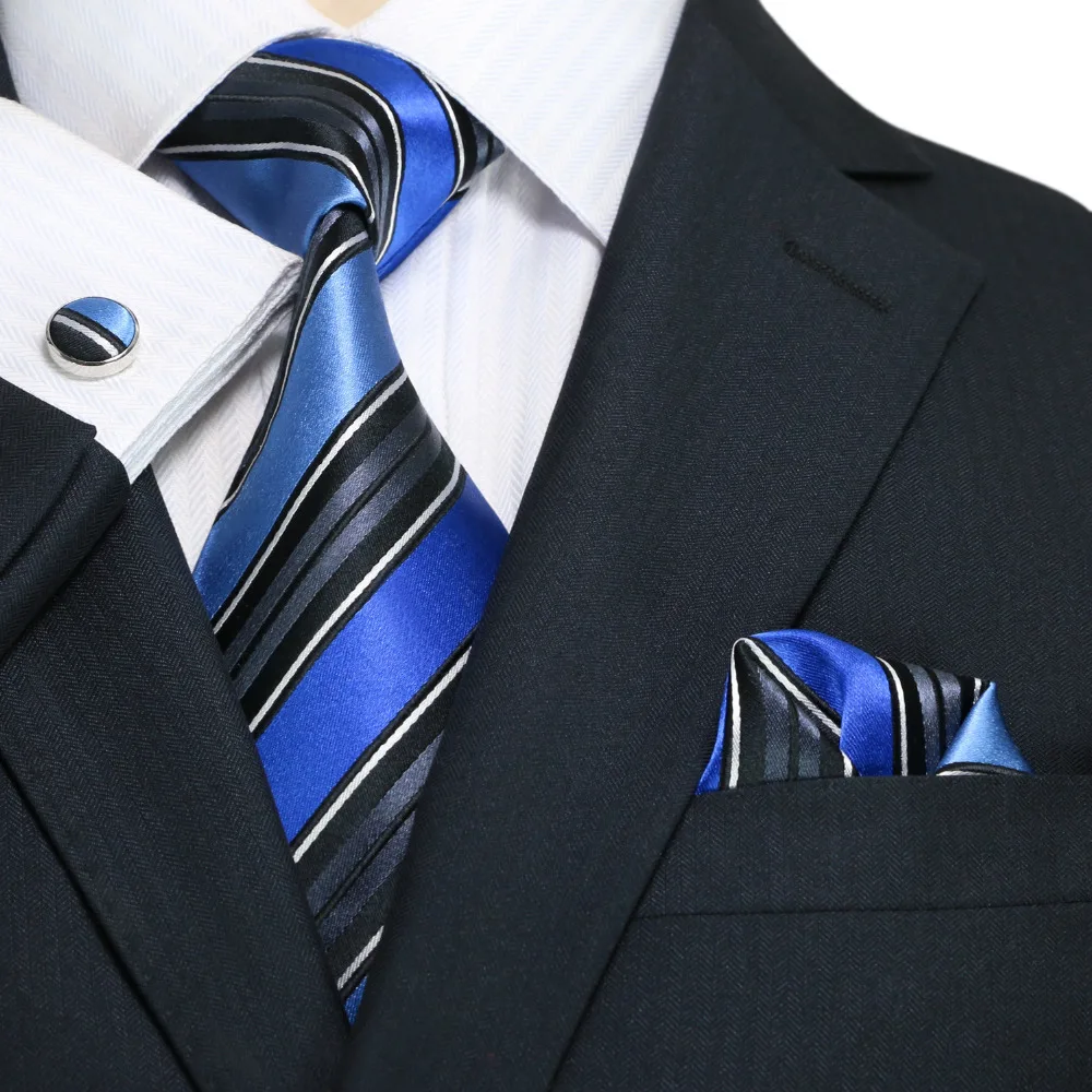 Tie Neck tie with Handkerchief White With Blue Stripe