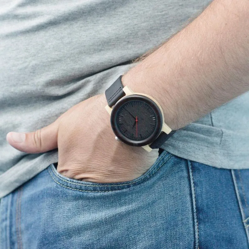 BOBO BIRD Luxury Brand Mens Watches Women Bamboo Watches Black Leather Strap Quartz Wrist Watches relogio masculino C-M13