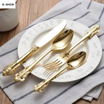 

Retro Vintage Western Gold Plated Relief Cutlery Dining Knives Forks Teaspoon Set Golden Luxury Dinnerware Tableware Set 4 pcs
