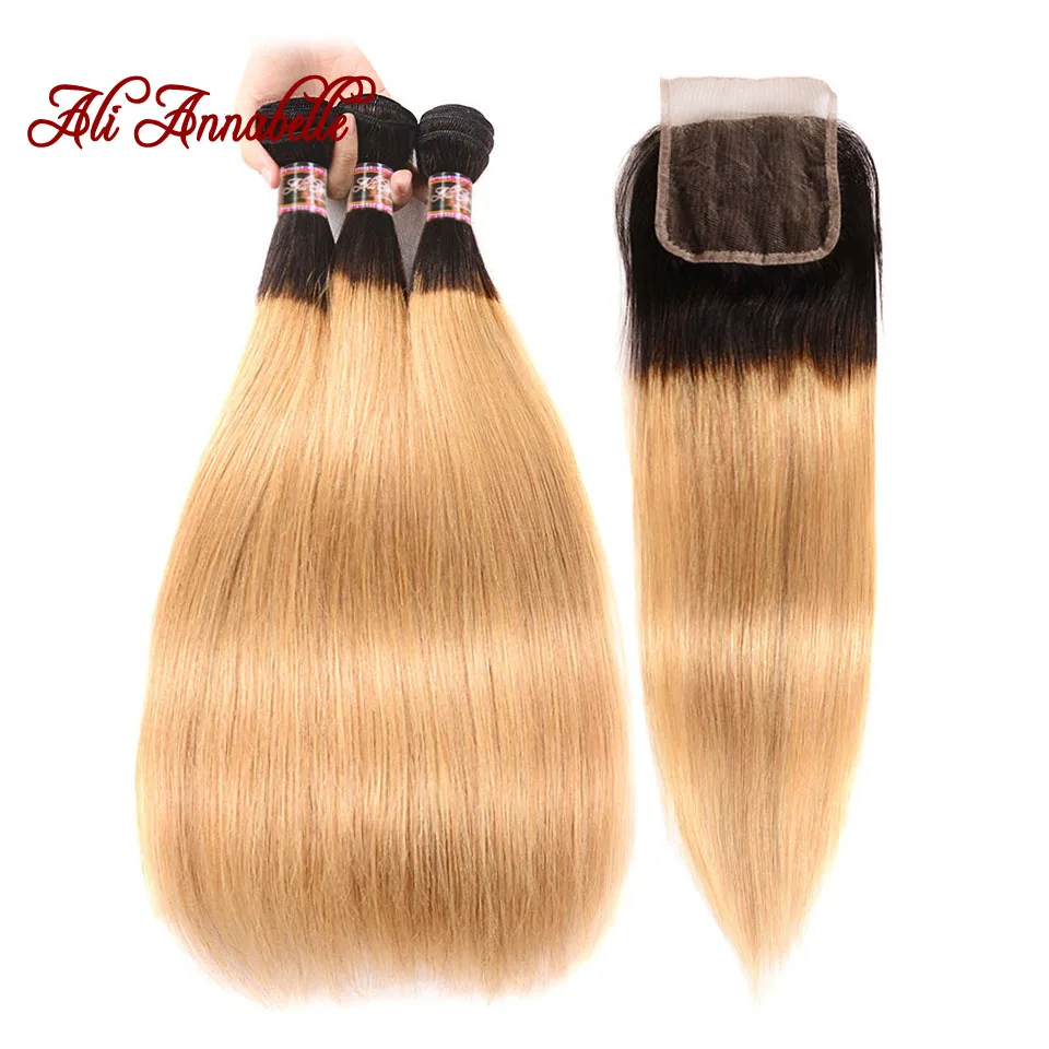 

ALI ANNABELLE HAIR Ombre 1B/27 Brazilian Straight Human Hair Weave Bundles 2 Tone Blond Remy Hair 3 Bundles With Lace Closure