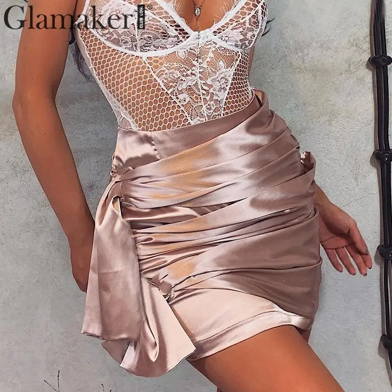 Glamaker, плиссированные Сатиновые женские юбки, высокая талия, осенняя юбка, Женская облегающая винтажная Сексуальная мини-юбка на каждый день, короткая Зимняя юбка, низ