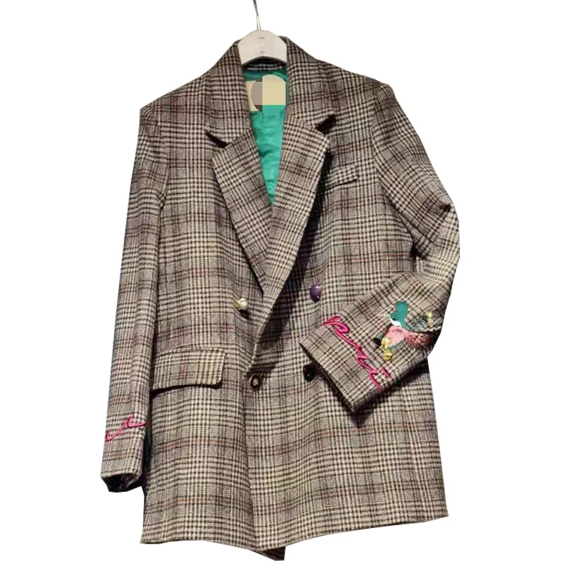 Vintage Suit Coat Women 2019 Spring New Slimming Style Lattice Small Suit Notched Double Breasted Plaid Women Jackets and Coats Vintage Suit Coat Women 2019 Spring New Slimming Style Lattice Small Suit Notched Double Breasted Plaid Women Jackets and Coats