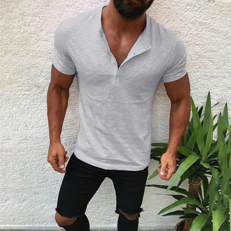 Мужские хлопковые повседневные модные тонкие рубашки с коротким рукавом и пуговичным воротником - Цвет: gray