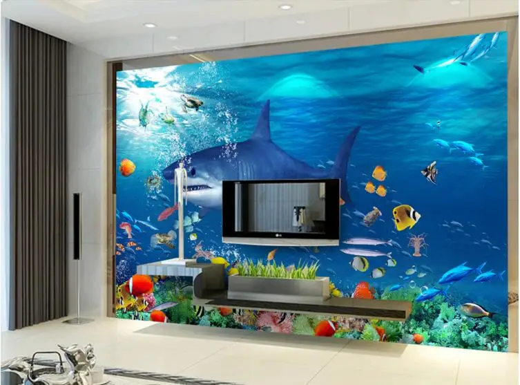 

3d room wallpaper custom mural non-woven wall sticker Shark sea blue sea photo 3d wall murals wallpaper