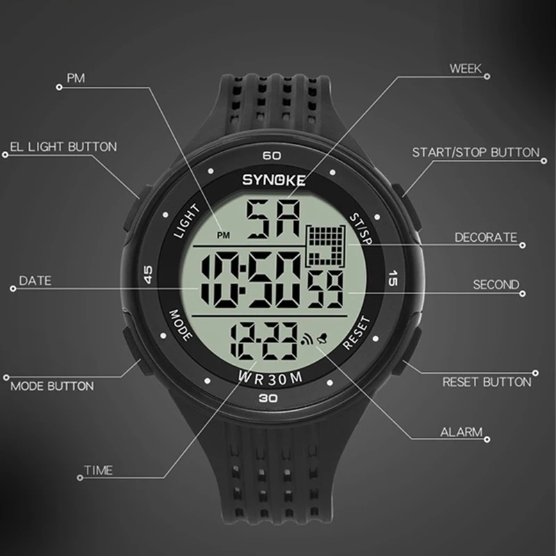SYNOKE الرجال الرياضة الساعات الرقمية LED عرض المياه مقاومة الإلكترونية ساعة معصم Sportwatch المعصم Montre أوم