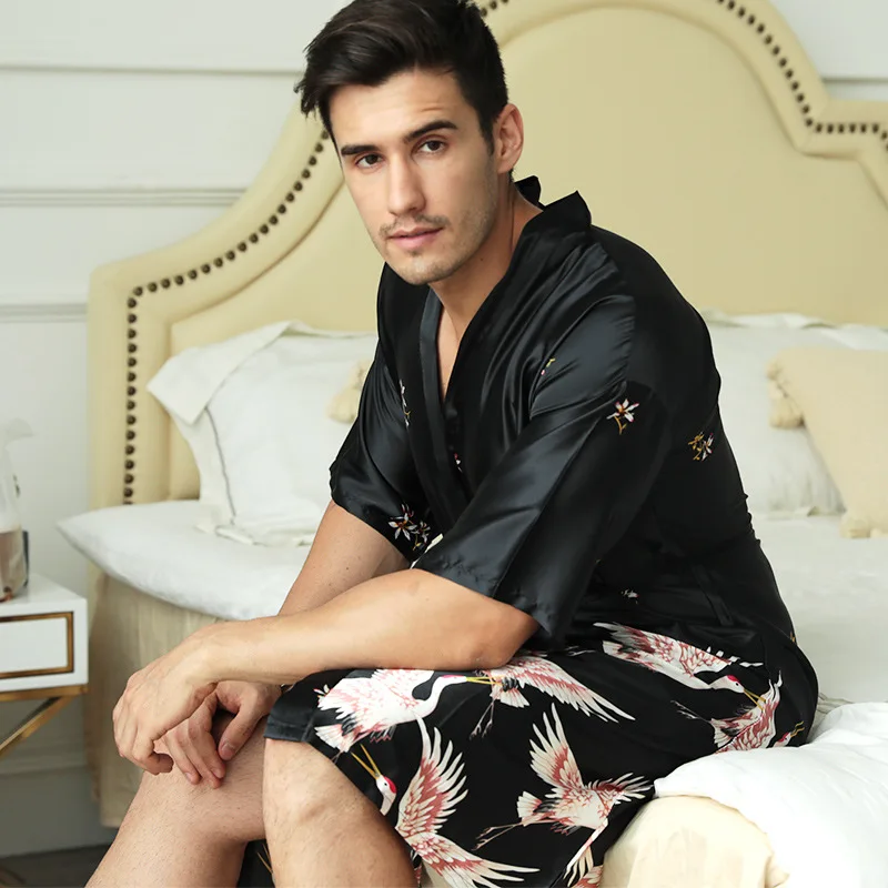Black Black Chinese Men Silk Rayon Robe Summer Casual Wedding Best Man Sleepwear V-Neck Kimono Yukata Bath Gown Plus Size XXXL - Color: Black