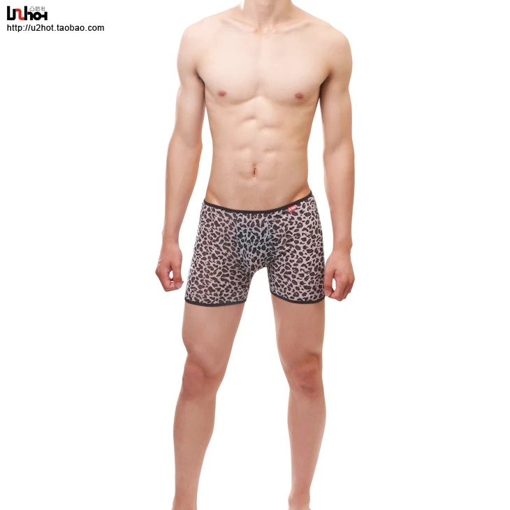 grey Leopard Uzhot пикантные модные Прозрачные Марли формирования тела красоте Шорты хорошие основания, мужской спортивный трусы-боксеры для мальчиков 14003 - Цвет: grey Leopard