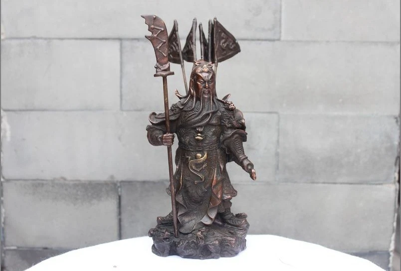 

Chinese Bronze Copper Guan Gong toting five banners Dragon Sword Statue a5.19